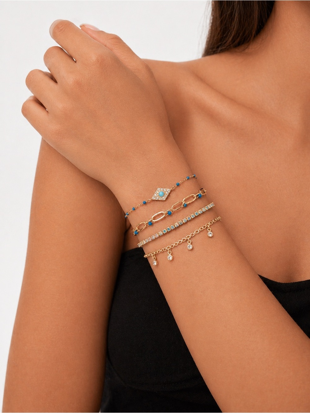 Guess Gold-Tone Layered Bracelet Set with Blue Accents